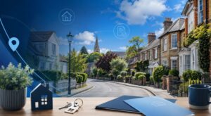 Mortgage Broker in Hutton with a leafy residential street, traditional homes, house keys and subtle mortgage icons.