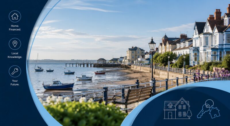 Mortgage Broker in Leigh-on-Sea with a coastal estuary, local homes and mortgage-themed icons.
