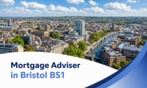 Promotional banner showing a bright summer aerial view of Bristol BS1 with real blue sky and clouds, overlaid with a white curved panel at the bottom featuring the two-tone blue title “Mortgage Adviser in Bristol BS1” and blue branded accent shapes on the right.