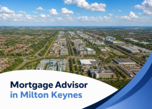 Promotional graphic showing an aerial view of Milton Keynes on a bright summer’s day, with a clear blue sky and realistic white clouds above a wide townscape of roads, buildings, and green spaces. A curved white banner overlays the lower part of the image, featuring the title “Mortgage Advisor in Milton Keynes” in two branded blue tones, with dark and light blue wave accents on the right.