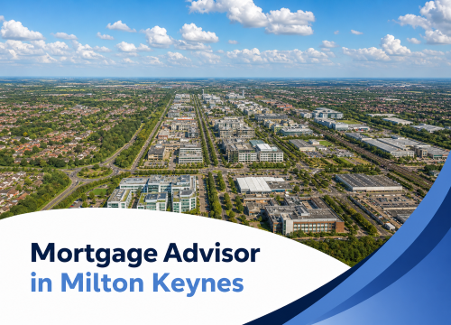 Promotional graphic showing an aerial view of Milton Keynes on a bright summer’s day, with a clear blue sky and realistic white clouds above a wide townscape of roads, buildings, and green spaces. A curved white banner overlays the lower part of the image, featuring the title “Mortgage Advisor in Milton Keynes” in two branded blue tones, with dark and light blue wave accents on the right.