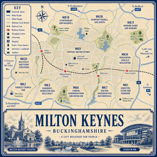 Illustrated blue and cream vintage-style map poster of Milton Keynes, Buckinghamshire, showing postcode areas including MK9 Central Milton Keynes, MK1 Kingston, Eaton and Redmoor, MK2 Shenley Church End, MK3 Oakgrove, Monkston and Westcroft, MK6 Lindow, Downhead Park and Brinklow, MK7 Walton, Wavendon and Bow Brickhill, MK16 Wolverton and Old Wolverton, MK17 Woburn Sands and Woburn, MK18 Newport Pagnell and North, MK19 Stantonbury and Bradwell, and MK20 Bletchley and Fenny Stratford. The map includes major roads such as the A5, A421 and A508, railway lines, Milton Keynes Central, Wolverton, Stony Stratford and Fenny Stratford stations, redways cycle routes, lakes, parks and attractions including Willen Lake, Campbell Park, Bletchley Park, The Open University, centre:mk, Milton Keynes Theatre, Xscape, Gulliver’s Land, Woburn Safari Park and Stadium MK. A large title panel at the bottom reads “MILTON KEYNES BUCKINGHAMSHIRE” with decorative illustrations of Milton Keynes Theatre, parkland and Stadium MK.