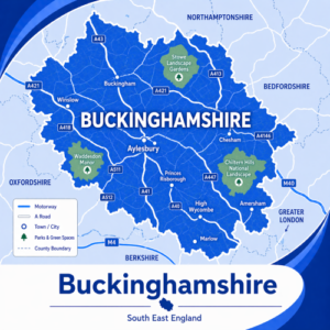 A square, blue-themed county map of Buckinghamshire in South East England, styled with curved branded borders. The map highlights major towns including Aylesbury, High Wycombe, Amersham, Chesham, Buckingham, Winslow, Princes Risborough, and Marlow. Key roads such as the M40, M4, A41, A40, A421, A413, and A418 are labelled. Surrounding counties including Oxfordshire, Northamptonshire, Bedfordshire, Berkshire, and Greater London are marked around the edges. Green spaces such as the Chiltern Hills National Landscape, Stowe Landscape Gardens, and Waddesdon Manor are shown in green. The design uses layered blue tones with white text and clean boundary lines for clarity.