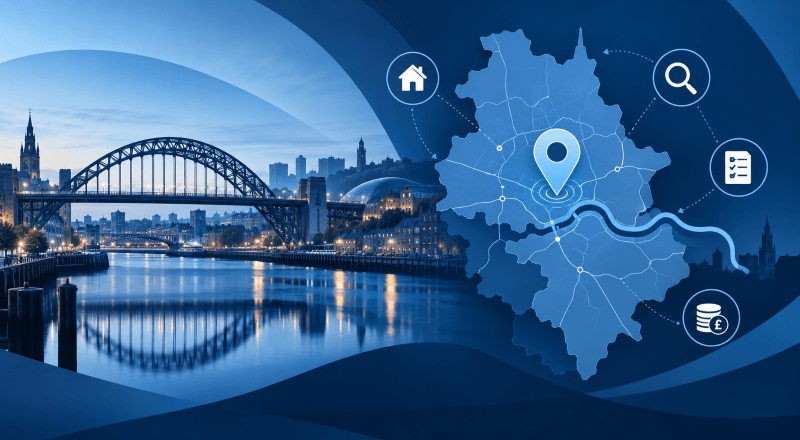 Mortgage Broker in Newcastle-Upon-Tyne location map featuring the Tyne Bridge, Newcastle riverside and mortgage search icons.