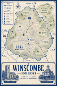Illustrated blue and cream vintage-style map poster of Winscombe, Somerset, showing the BS25 Winscombe area with local roads, footpaths, green spaces, and nearby directions to Cheddar, Bristol, Weston-super-Mare, Axbridge, Sandford and Churchill. The map highlights the Mendip Hills National Landscape, Crook Peak, Herons Wood, Puxton Park, Sandford Hill, Winscombe Recreation Ground, Winscombe High Street, Winscombe Community Centre and Library, Winscombe Cricket Club, Winscombe Church of England Primary School, and St James’ Church. A large title panel at the bottom reads “WINSCOMBE SOMERSET” with decorative illustrations of St James’ Church and The Market Place.