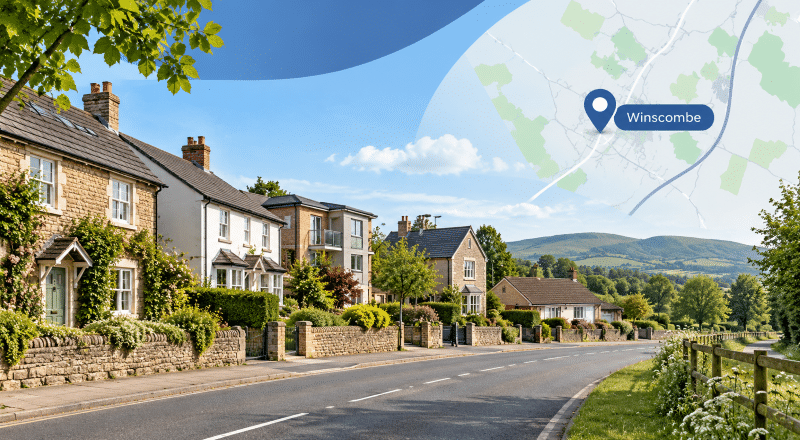 Mortgage Broker in Winscombe hero image showing a village street, varied homes, Somerset countryside and a Winscombe location map pin.