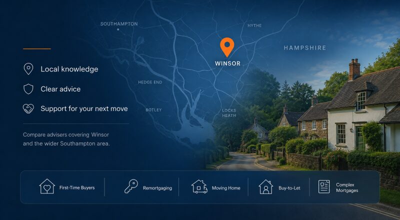 Mortgage Broker in Winsor hero image featuring a local Hampshire map, Winsor location pin, village homes, and mortgage advice icons.