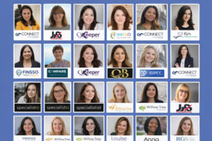 High-definition grid image showcasing female mortgage advisers across the UK, featuring professional headshots of women from diverse backgrounds displayed in organised rows, each presented on branded profile cards with company logos beneath their photos, representing a nationwide network of female mortgage professionals.