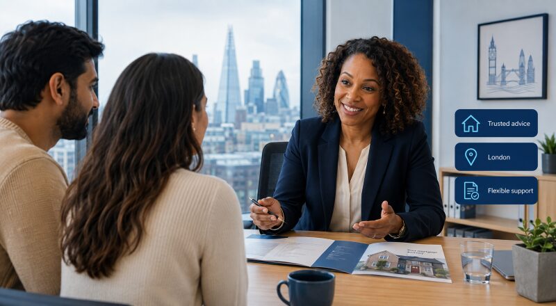 Female Mortgage Advisers in London meeting clients in a modern office with views of the London skyline.