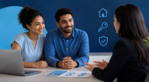 Independent Mortgage Advice UK: diverse couple meeting a mortgage adviser in a modern office, reviewing paperwork and discussing home finance options.