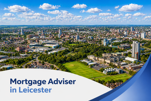 A bright, high-resolution aerial view of Leicester on a clear summer’s day, featuring a mix of residential neighbourhoods, green parks, and city buildings under a blue sky with realistic scattered clouds. A clean curved white and blue graphic banner overlays the bottom of the image with the text “Mortgage Adviser in Leicester.”