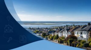 Mortgage Broker in Benfleet hero image featuring local homes overlooking the Essex estuary, with blue house, key and location icons.