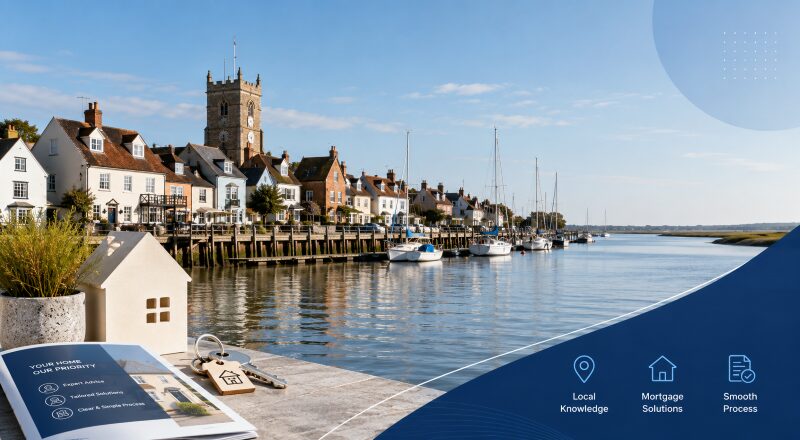 Mortgage Broker in Burnham-On-Crouch hero image featuring the riverside town, marina, sailboats, local homes, house model and keys.