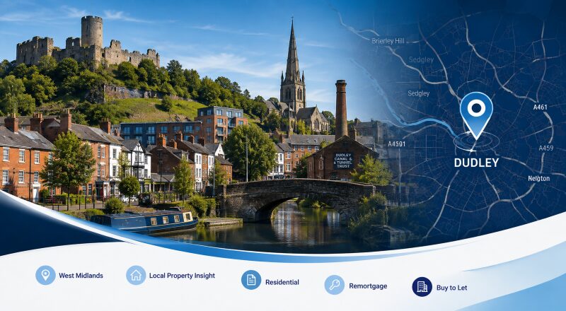 Mortgage Broker in Dudley hero image featuring Dudley Castle, local canal heritage, town architecture and a location map pin highlighting Dudley in the West Midlands.