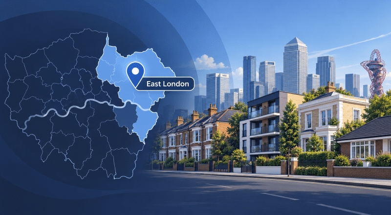 Mortgage Broker in East London hero image showing a map pin over East London, a highlighted London map, varied residential properties and the East London skyline in branded blue tones.