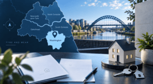 Mortgage Broker in Washington, Tyne and Wear – location map with property, house keys and home-buying imagery.