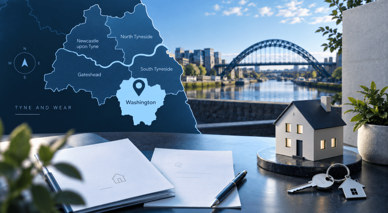 Mortgage Broker in Washington, Tyne and Wear – location map with property, house keys and home-buying imagery.