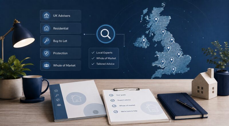 Hero image for How to Find a Mortgage Adviser in the UK, featuring a UK map with location pins, adviser search icons and mortgage advice documents.