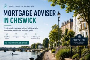 Mortgage Adviser in Chiswick hero image showing a bright riverside West London scene with mortgage advice icons for first-time buyers, remortgages, buy-to-let and self-employed clients.