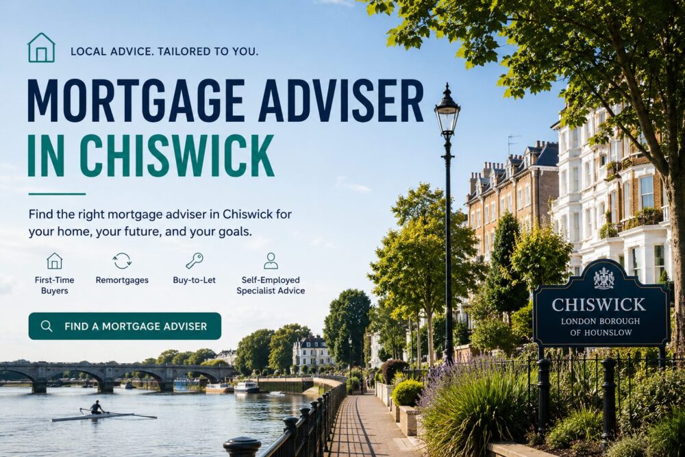 Mortgage Adviser in Chiswick hero image showing a bright riverside West London scene with mortgage advice icons for first-time buyers, remortgages, buy-to-let and self-employed clients.