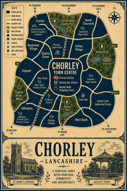 Vintage illustrated map poster of Chorley, Lancashire, with a cream parchment background and dark navy neighbourhood areas centred on Chorley Town Centre. The map shows labelled roads, railway line, Chorley Station, Chorley Bus Station, schools, churches, shopping areas, parks, green spaces and water features. Surrounding areas include Euxton, Buckshaw Village, Clayton Green, Coppull, Adlington, Heath Charnock, Astley Village, West Bank and Lyons Lane Industrial Estate. Key landmarks include Market Walk Shopping Centre, Chorley Town Hall, St Mary’s Church, Chorley College, Chorley High School, Astley Park, Astley Hall, Queens Park, Yarrow Valley Country Park and Coppull Brow Wood. A decorative lower panel reads “CHORLEY, LANCASHIRE” with engraved-style illustrations of St Mary’s Church and Astley Park, plus the subtitle “A thriving town with heritage, community and opportunity.”