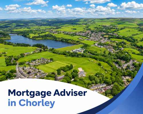 Bright summer aerial view of Chorley with a large reservoir, green countryside, scattered homes, village streets and rolling hills beneath realistic clouds, with branded blue and white graphics reading “Mortgage Adviser in Chorley”.