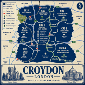 Illustrated blue and cream vintage-style map poster of Croydon, London, showing postcode areas including CR0 Croydon Town Centre, CR2 South Croydon and Sanderstead, CR7 Thornton Heath and Broad Green, CR8 Purley and Kenley, SE25 South Norwood, and areas around Waddon, Addiscombe, Shirley, New Addington and Addington Village. The map includes major roads such as the A23, A232, A212, A222 and A236, railway lines, tram stops, East Croydon, West Croydon, South Croydon, Purley, Norwood Junction and Thornton Heath stations, plus green spaces including South Norwood Country Park, Lloyd Park, Wandle Park and Addington Hills. A large title panel at the bottom reads “CROYDON LONDON” with decorative illustrations of Croydon Minster and Fairfield Halls.