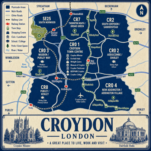 Illustrated blue and cream vintage-style map poster of Croydon, London, showing postcode areas including CR0 Croydon Town Centre, CR2 South Croydon and Sanderstead, CR7 Thornton Heath and Broad Green, CR8 Purley and Kenley, SE25 South Norwood, and areas around Waddon, Addiscombe, Shirley, New Addington and Addington Village. The map includes major roads such as the A23, A232, A212, A222 and A236, railway lines, tram stops, East Croydon, West Croydon, South Croydon, Purley, Norwood Junction and Thornton Heath stations, plus green spaces including South Norwood Country Park, Lloyd Park, Wandle Park and Addington Hills. A large title panel at the bottom reads “CROYDON LONDON” with decorative illustrations of Croydon Minster and Fairfield Halls.