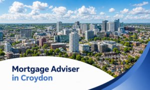 Mortgage Adviser in Croydon banner showing a bright summer aerial view of Croydon’s skyline with high-rise buildings, leafy neighbourhoods, and realistic fluffy clouds, framed by a white curved text panel, two-tone blue title, and blue wave graphics.