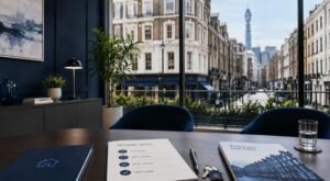 Mortgage Adviser in Fitzrovia office overlooking a central London street, with mortgage documents, house keys and the BT Tower in view.