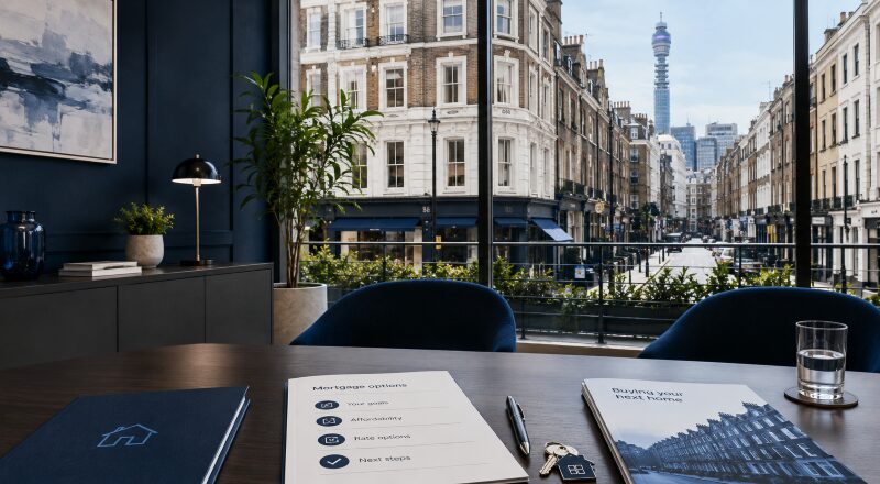 Mortgage Adviser in Fitzrovia office overlooking a central London street, with mortgage documents, house keys and the BT Tower in view.