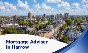 Mortgage Adviser in Harrow banner showing a bright summer cityscape with tree-lined streets, rows of buildings, several high-rise towers, and realistic fluffy clouds, framed by a white curved text panel and blue wave graphics.