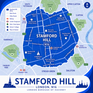 A square, blue-themed postcode map of Stamford Hill in London, styled with curved branded borders. The map highlights postcode area N16. Major roads such as the A10, A107, and A503 are labelled, along with key streets like Stamford Hill, Amhurst Road, Manor Road, and Stoke Newington High Street. Stamford Hill Station is marked near the centre, with nearby stations such as Seven Sisters, Stoke Newington, and Finsbury Park indicated. Landmarks including Stamford Hill Market, St Matthew’s Church, Stamford Hill Library, and local schools are shown. Surrounding areas such as South Tottenham, Upper Clapton, Dalston, and Harringay are labelled. Green spaces including Clissold Park, Springfield Park, Woodberry Wetlands, and Abney Park Cemetery are shown in green, with the River Lea running along the eastern edge. The design uses layered blue tones with white text and clean boundary lines for clarity.