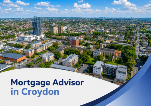 Promotional graphic for a mortgage advisor in Croydon, featuring a bright summer aerial view of the town with dense urban buildings, roads and patches of greenery under a blue sky with realistic white clouds. A curved white and blue branded banner overlays the bottom of the image, with the title “Mortgage Advisor in Croydon” shown in two blue tones.