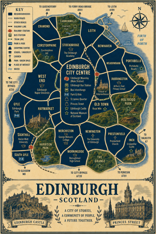 Vintage illustrated map poster of Edinburgh, Scotland, with a cream parchment background and dark navy neighbourhood areas centred on Edinburgh City Centre. The map shows labelled roads, railway lines, tram line, Edinburgh Waverley Station, bus station, bus interchange, park and ride, shopping areas, universities, churches, parks, green spaces and the Firth of Forth coastline. Surrounding areas include Leith, Newhaven, Portobello, Duddingston, Old Town, Newington, Morningside, Haymarket, West End, Stockbridge, Cramond and Corstorphine. Key landmarks include Edinburgh Castle, Princes Street, St James Quarter, the Royal Mile, Palace of Holyroodhouse, National Museum of Scotland, Arthur’s Seat, Holyrood Park, Inverleith Park, Harrison Park and Craigmillar Castle. A decorative lower panel reads “EDINBURGH, SCOTLAND” with engraved-style illustrations of Edinburgh Castle and Princes Street, plus the subtitle “A city of stories, a community of people, a future together.”