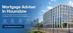 Mortgage Adviser in Hounslow hero image with Hounslow House, local property icons and mortgage advice services.
