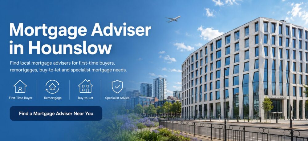 Mortgage Adviser in Hounslow hero image with Hounslow House, local property icons and mortgage advice services.