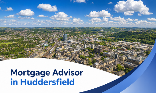 Mortgage Advisor in Huddersfield banner showing a bright summer aerial view of the town centre with railway lines, stone buildings, surrounding green hills, and realistic fluffy clouds, with a white curved text panel, two-tone blue title, and blue wave graphics.