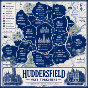 Illustrated blue and white vintage-style map poster of Huddersfield, West Yorkshire, showing postcode areas labelled around the town, including Huddersfield Town Centre, Edgerton and Birkby, Cowcliffe and Fartown, Lockwood and Aspley, Dalton and Milnsbridge, Slaithwaite and outlying areas, Holmfirth and outlying areas, and the northern parts of Huddersfield. The map includes major roads, railway lines, Huddersfield, Lockwood, and Berry Brow stations, parks such as Greenhead Park, Ravensknowle Park, Beaumont Park, and Jackroyd Park, plus landmarks including Huddersfield Town Hall, Huddersfield Museum, the University of Huddersfield, Kingsgate Shopping Centre, and Packhorse Centre. A large title panel at the bottom reads “HUDDERSFIELD WEST YORKSHIRE” and features decorative drawings of Huddersfield Parish Church and The Piazza Centre.