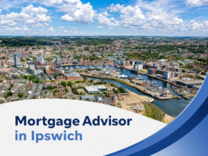 Promotional banner featuring a bright summer aerial view of Ipswich marina and surrounding townscape, with blue water, boats, and clustered buildings under a partly cloudy sky. A large white cloud-shaped panel overlays the lower section, displaying the title “Mortgage Advisor in Ipswich” in two branded blue tones, with curved blue graphic accents on the right.