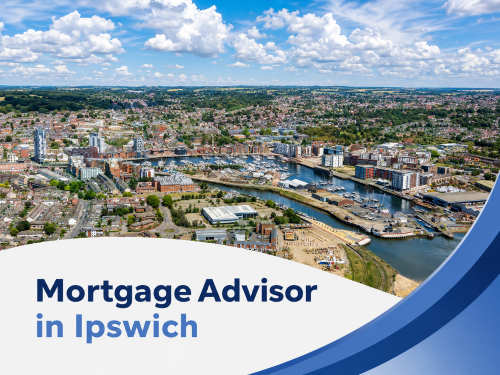 Promotional banner featuring a bright summer aerial view of Ipswich marina and surrounding townscape, with blue water, boats, and clustered buildings under a partly cloudy sky. A large white cloud-shaped panel overlays the lower section, displaying the title “Mortgage Advisor in Ipswich” in two branded blue tones, with curved blue graphic accents on the right.