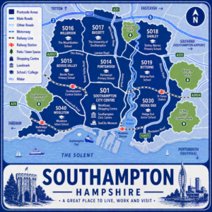 A square, blue-themed postcode map of Southampton in Hampshire, styled with curved branded borders. The map highlights postcode areas including SO14, SO15, SO16, SO17, SO18, SO19, SO30, and SO40. Major roads such as the M27, M3, A33, A35, A27, and A3024 are labelled. Southampton city centre (SO14) is marked near the middle, with Southampton Central, St Denys, Woolston, and Redbridge stations indicated. Key landmarks such as Westquay Shopping Centre, Southampton Civic Centre, SeaCity Museum, and the University of Southampton are shown. Nearby areas including Totton, Eastleigh, Bitterne, Shirley, and Hedge End are labelled. Green spaces such as Southampton Common, Riverside Park, Itchen Valley Country Park, and Bitterne Park are shown in green, with the River Itchen and River Test flowing through the city and the Solent along the southern edge. The design uses layered blue tones with white text and clean boundary lines for clarity.