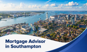 Mortgage Advisor in Southampton banner showing a bright summer aerial view of the waterfront, harbour, marina, ships, city buildings, and realistic fluffy clouds, framed by a white curved text panel and blue wave graphics.