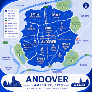 A square, blue-themed postcode map of Andover in Hampshire, styled with curved branded borders. The map highlights postcode areas SP10 and SP11, including subdivisions such as SP10 1, SP10 2, SP10 3, SP10 4, SP10 5, and SP11 6. Major roads such as the A303, A343, A3093, and the M3 (Junction 8) are labelled. Andover town centre is marked near the middle, with Andover Station and Andover East Station indicated. Key locations such as Chantry Centre, Test Valley Borough Council, St Mary’s Church, Andover College, and The Lights leisure centre are shown. Nearby areas including Upper Clatford, Goodworth Clatford, Weyhill, and Thruxton are labelled. Green spaces such as Anton Lakes Nature Reserve, Charlton Park, Anton Valley Country Park, and Picket Piece Playing Fields are shown in green, with the River Anton running through the area. The design uses layered blue tones with white text and clean boundary lines for clarity.