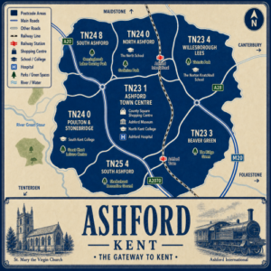 Vintage illustrated map poster of Ashford, Kent, showing labelled postcode areas, main roads, railway lines, Ashford International station, parks, schools, shopping areas and local landmarks in a blue and cream heritage style. The design includes a legend, compass, surrounding town directions, and a large “Ashford Kent” title with illustrations of a church and train.