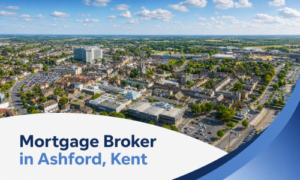 Promotional banner showing a bright summer aerial view of Ashford, Kent with a clear blue sky and realistic white clouds above the town. A clean white curved panel sits across the bottom with blue branded swooshes on the right, featuring the title “Mortgage Broker in Ashford, Kent” in two shades of blue.