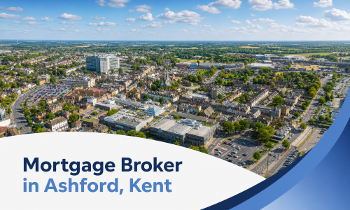 Promotional banner showing a bright summer aerial view of Ashford, Kent with a clear blue sky and realistic white clouds above the town. A clean white curved panel sits across the bottom with blue branded swooshes on the right, featuring the title “Mortgage Broker in Ashford, Kent” in two shades of blue.