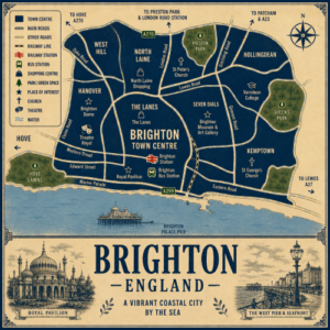 Vintage illustrated map poster of Brighton, England, with a cream parchment background and dark navy neighbourhood areas centred on Brighton Town Centre. The map shows labelled roads, railway line, Brighton Station, Brighton Bus Station, shopping areas, churches, theatres, parks, green spaces and the seafront. Surrounding areas include West Hill, North Laine, The Lanes, Hanover, Seven Dials, Hollingdean, Kemptown and Hove. Key landmarks include the Royal Pavilion, Brighton Museum and Art Gallery, Brighton Dome, Theatre Royal, St Peter’s Church, St George’s Church, Brighton Palace Pier, Preston Park, Queen’s Park and Hove Lawns. A decorative lower panel reads “BRIGHTON, ENGLAND” with engraved-style illustrations of the Royal Pavilion and the West Pier and seafront, plus the subtitle “A vibrant coastal city by the sea.”