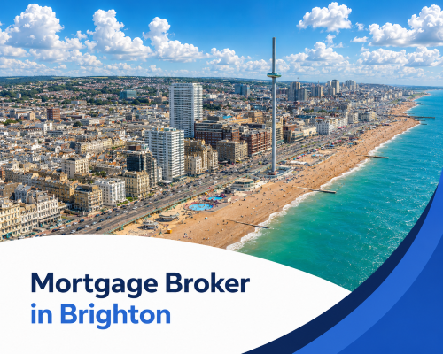 Bright summer aerial view of Brighton seafront with the beach, turquoise sea, city buildings and the i360 tower under realistic clouds, with branded blue and white graphics reading “Mortgage Broker in Brighton”.