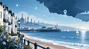 Mortgage Broker in Brighton with Brighton seafront, Palace Pier, Royal Pavilion and location map graphics